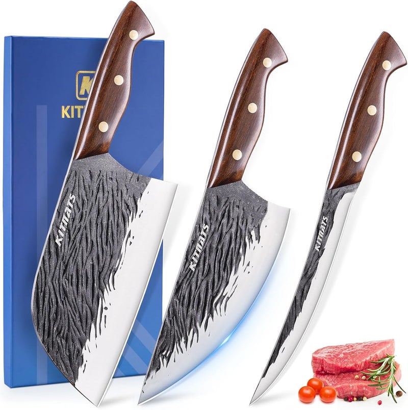 KITNATS 3PCS Butcher Knife Set,Hand Forged Serbian Chef Knife, Meat Cleaver,Boning Knife, Meat Cutting Kitchen Set for Home Cooking BBQ Perfect for Men Women With Gifts Box - Image 1